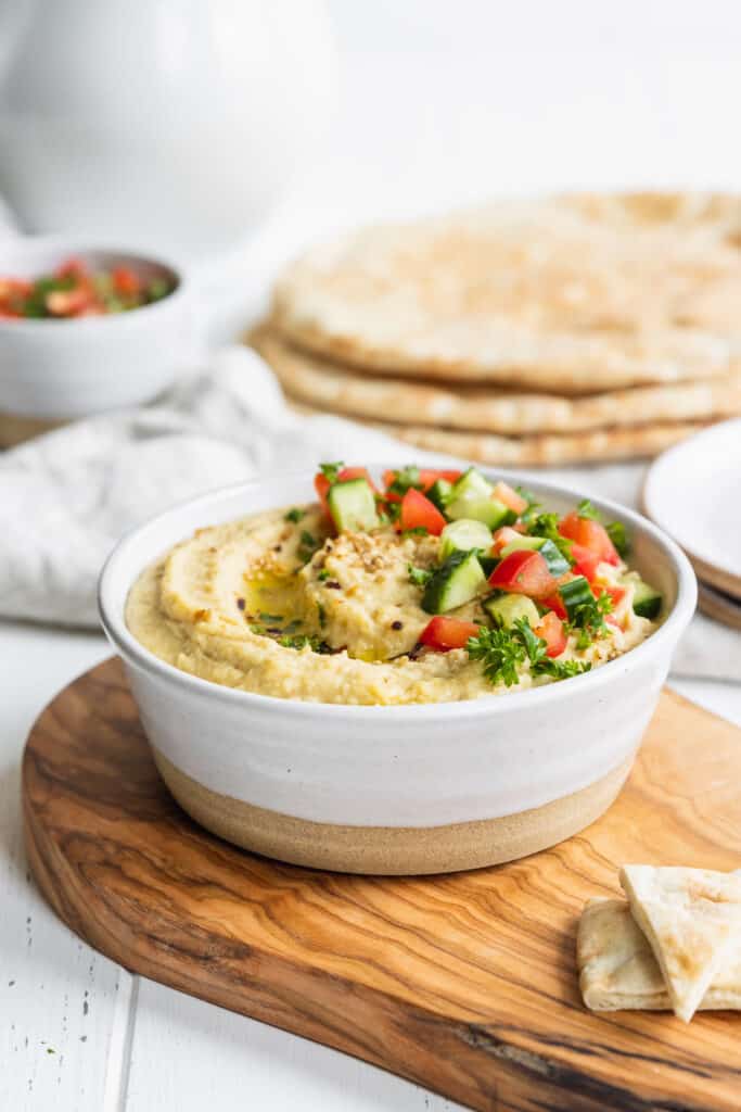 Quick and Easy Hummus Served with Tomatoes and Cucumbers