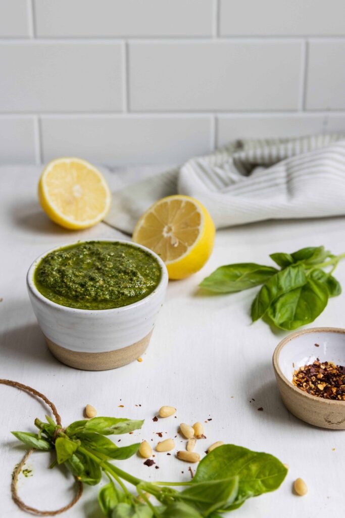 Quick and easy basil pesto served in a white bowl