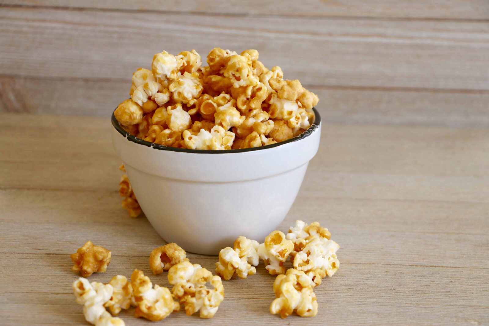 Maple popcorn served in a white bowl