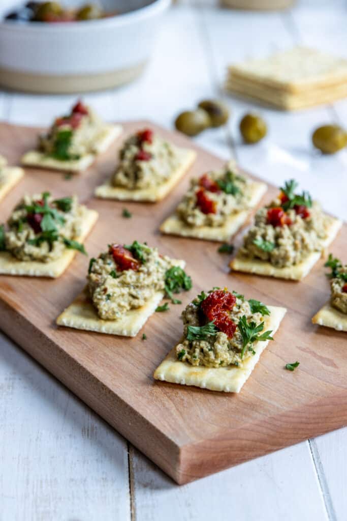 Green Olive Tapenade served on grackers