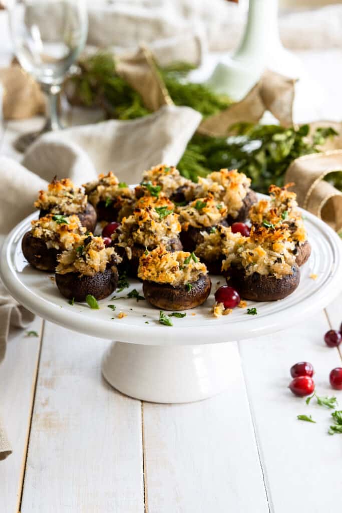 Vegan Stuffed Mushrooms served on a white Plate