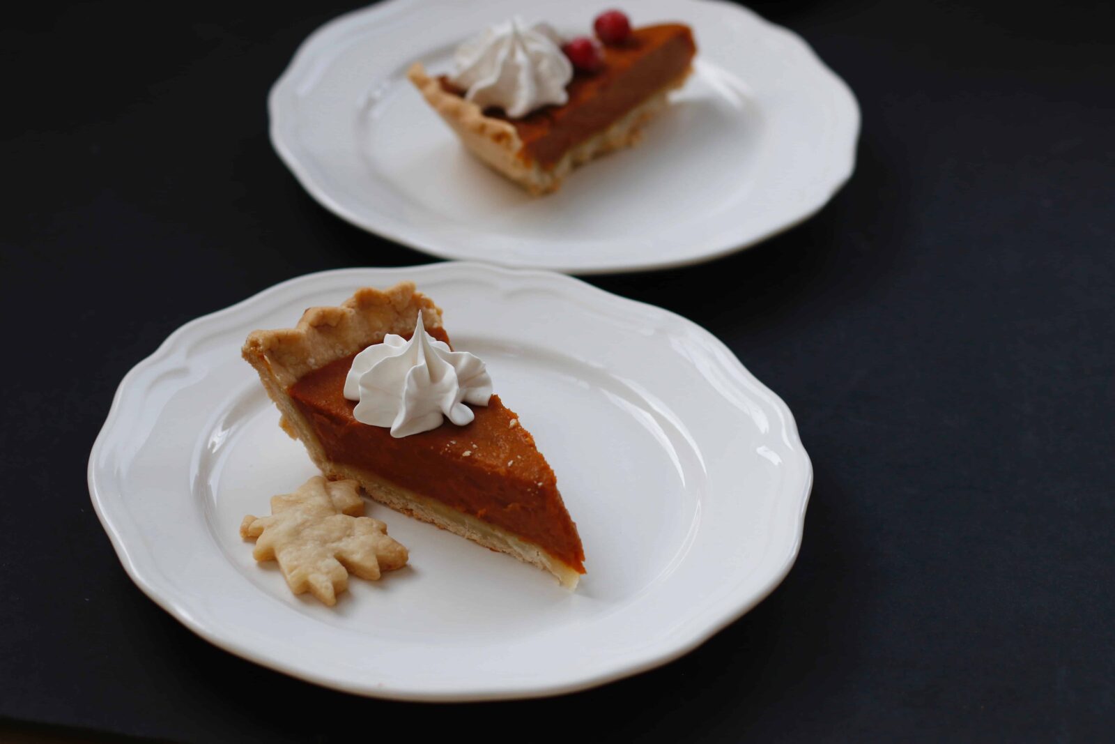 A slice of vegan pumpkin pie served on a white plate