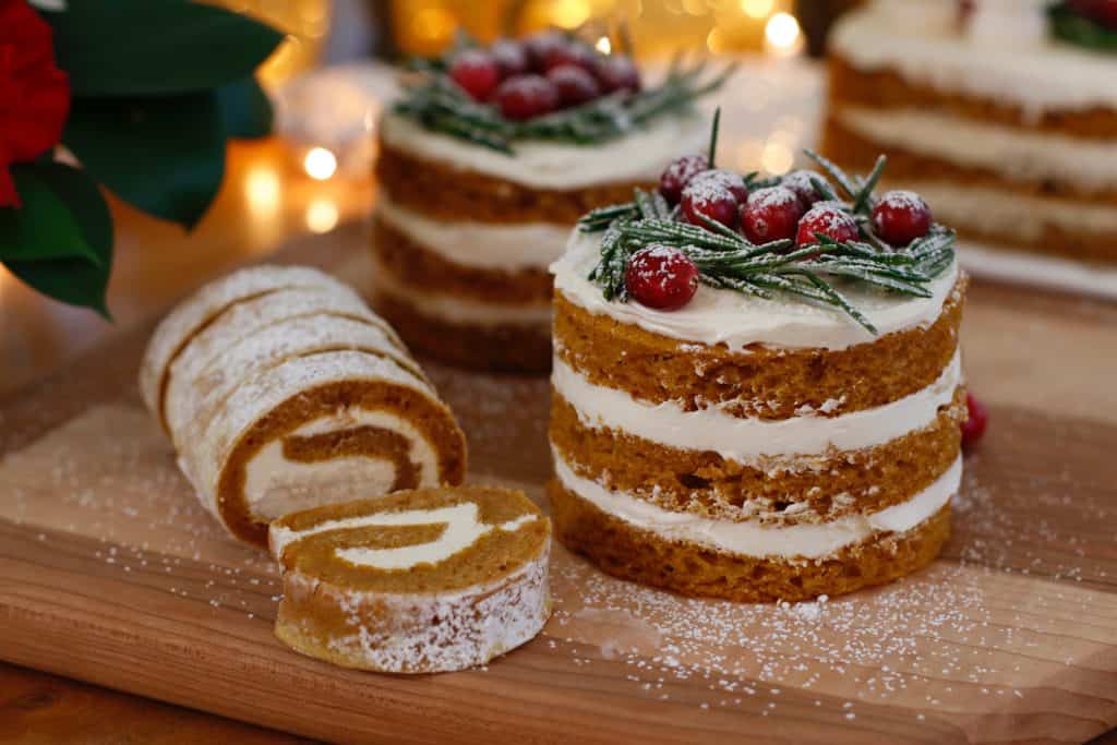 Vegan Holiday Cakes served on a wooden serving platter