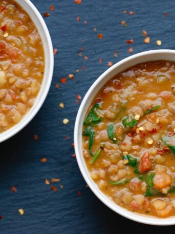 Lentil Soup served in two white bowls