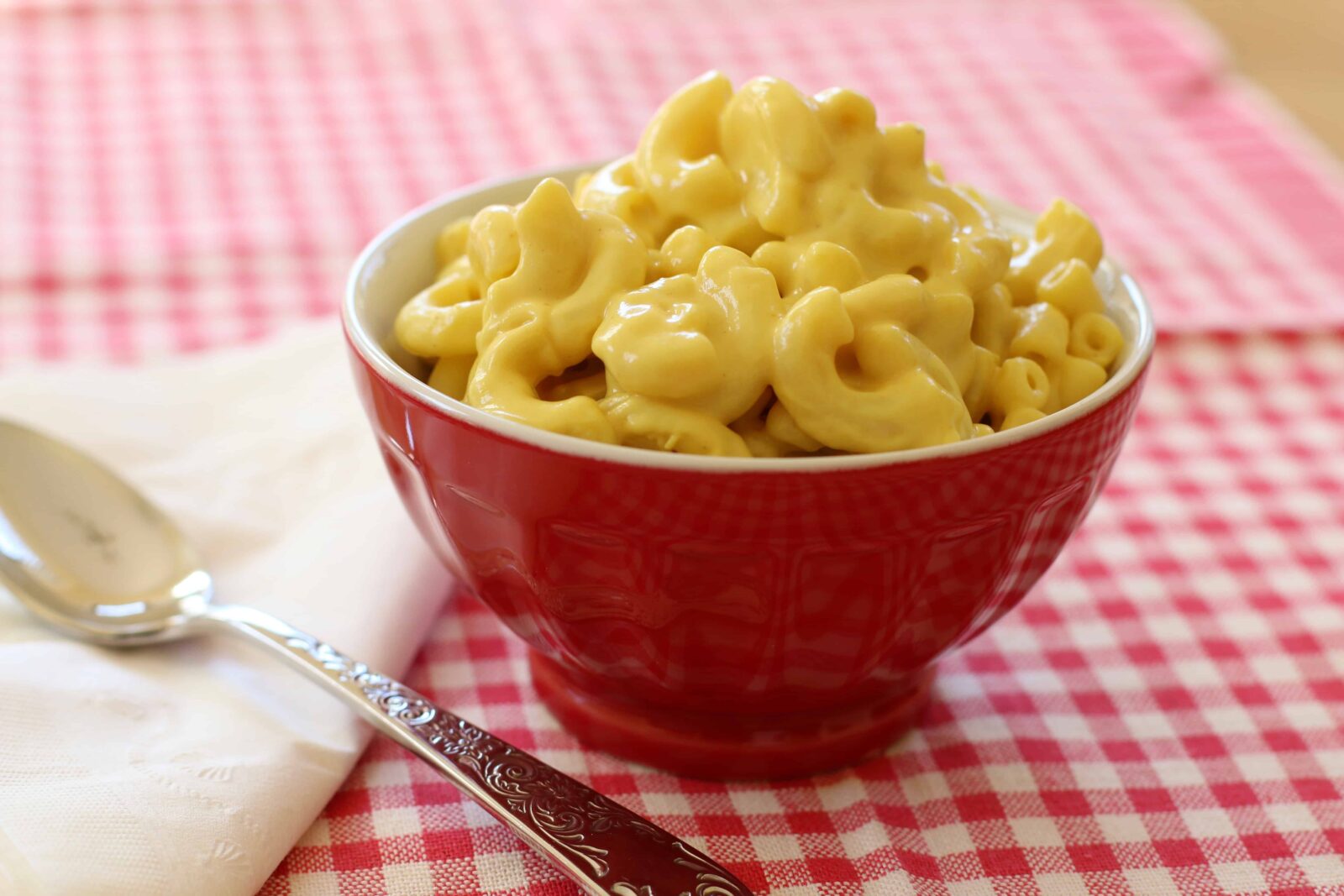 Vegan Mac and Cheese served in a red bowl