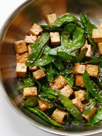 Snow Pea And Tofu Stir-Fry Recipe in a skillet