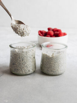 Chia Pudding served in two glass jars