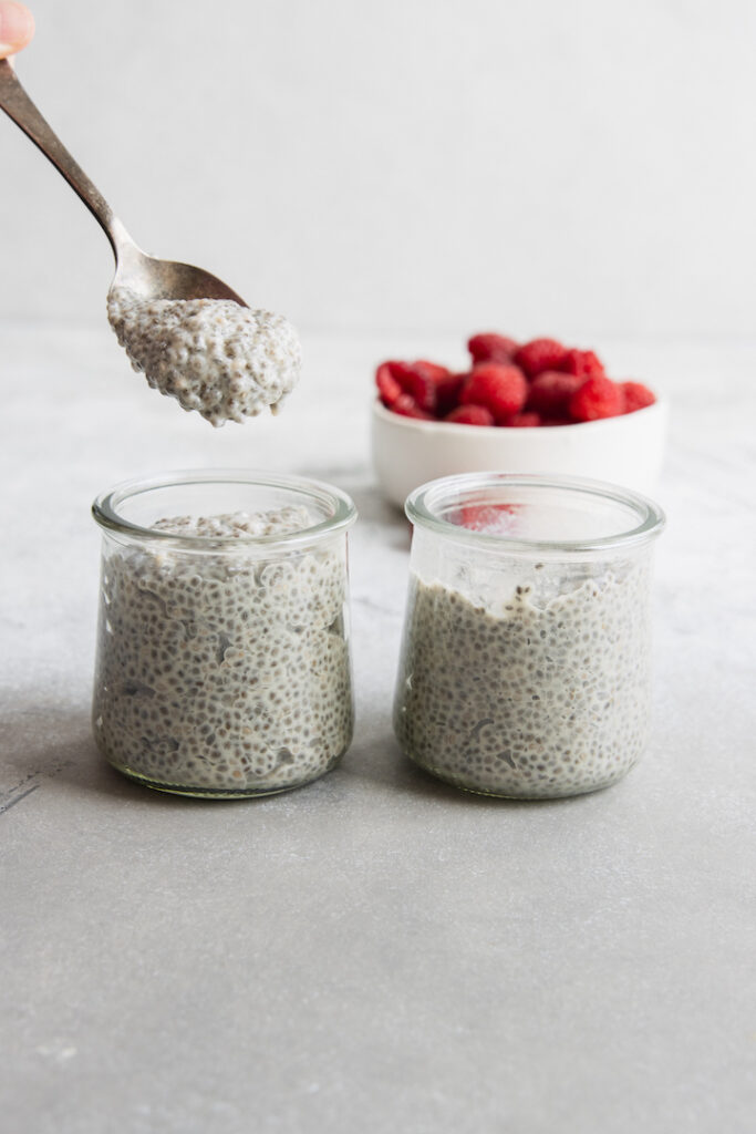 Chia Pudding served in two glass jars