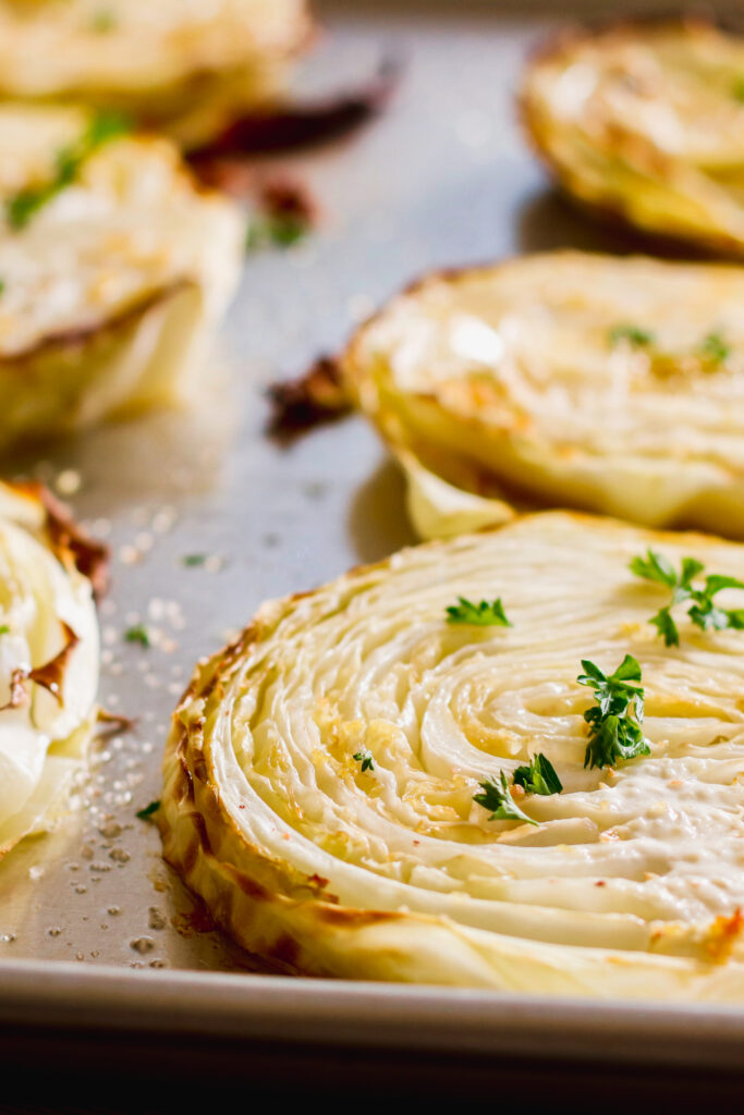 Cabbage Steaks after baking on a baking sheet tray