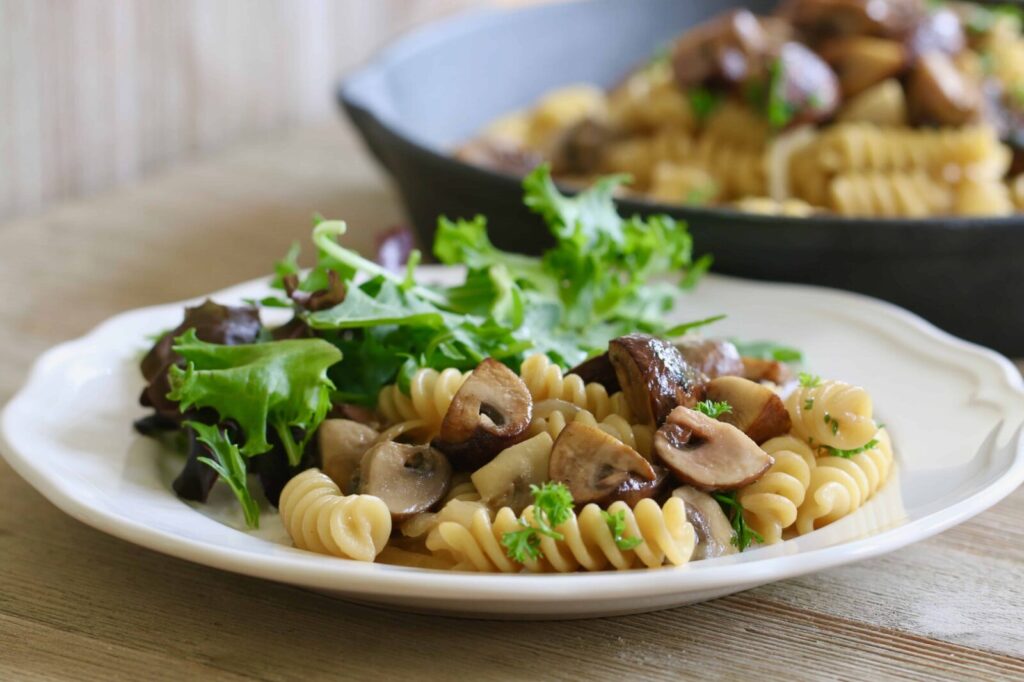 Simple One Pot Mushroom Stroganoff served on a white plate