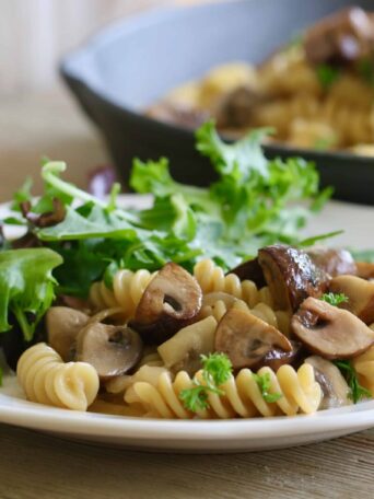 Simple One Pot Mushroom Stroganoff served on a white plate