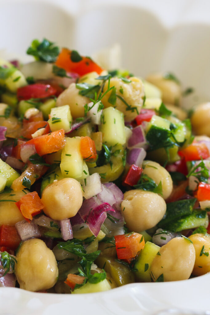 Vegan Chickpea Salad served in a white bowl