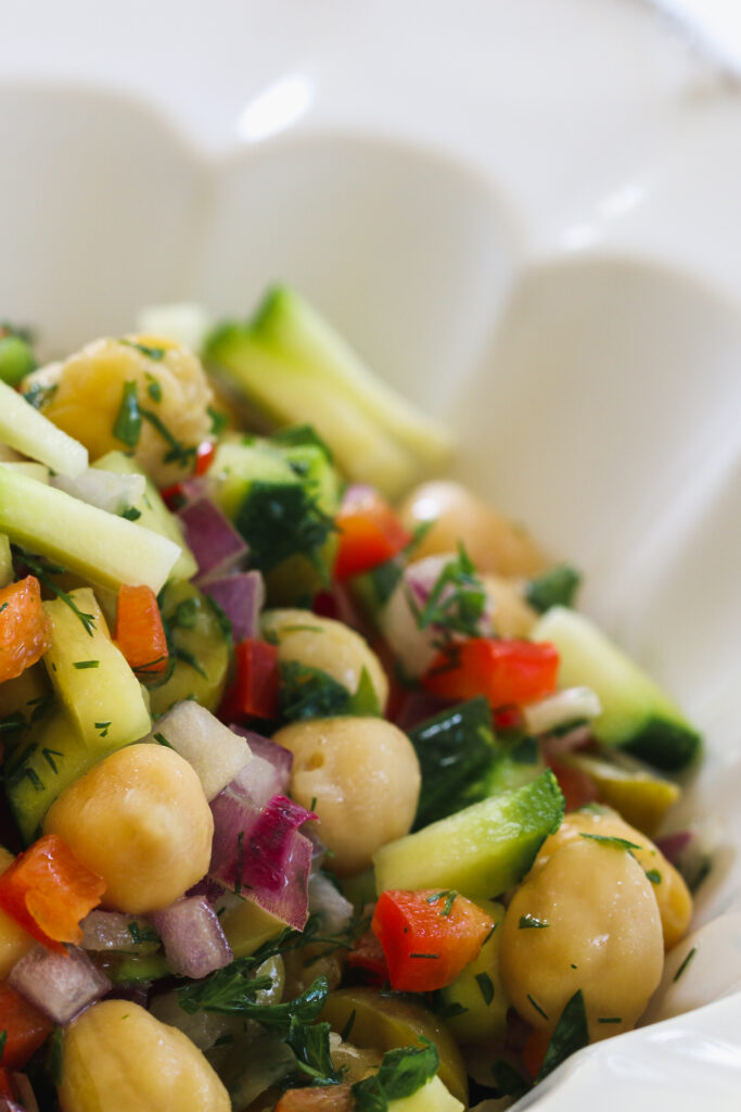 Vegan Chickpea Salad served in a white bowl