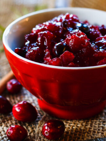 Homemade Cranberry Sauce served in a red bowl