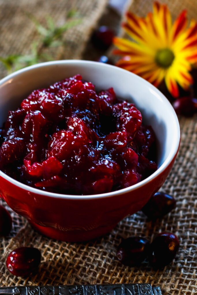 Cranberries cooked into a sauce 