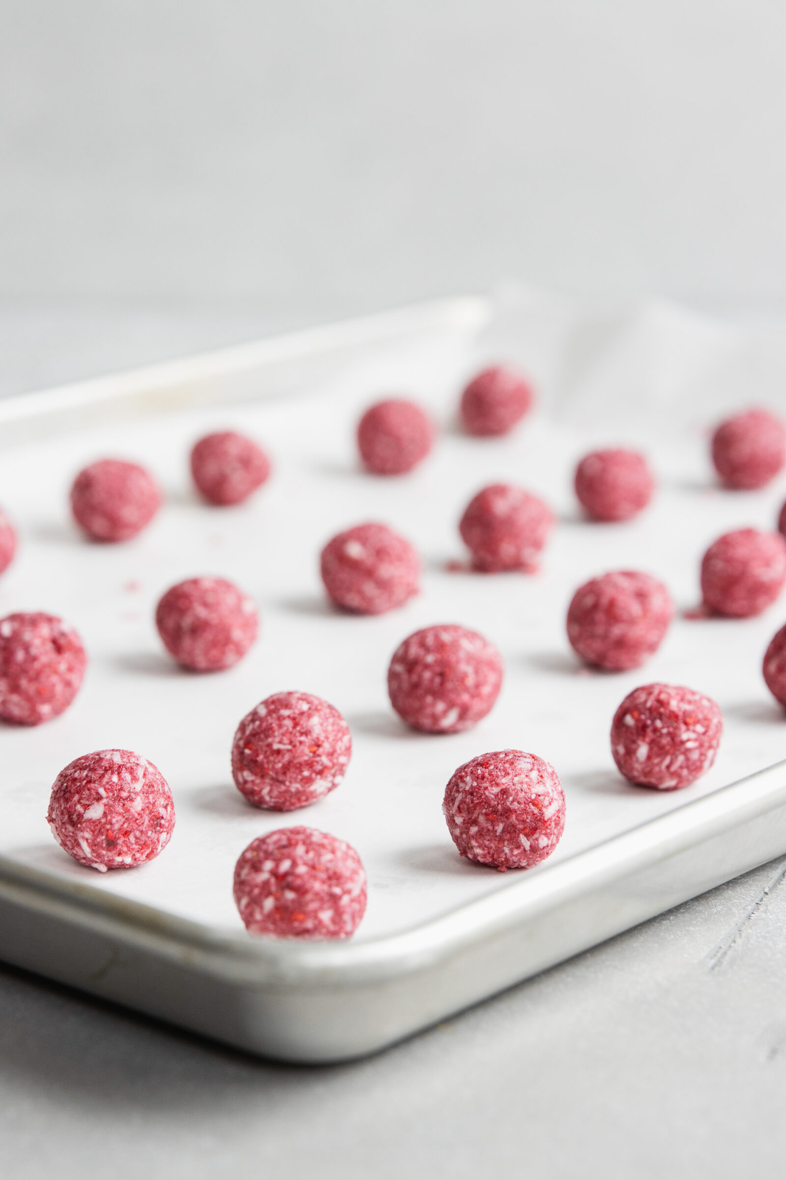 Raspberry truffles ready to be dipped in Carob