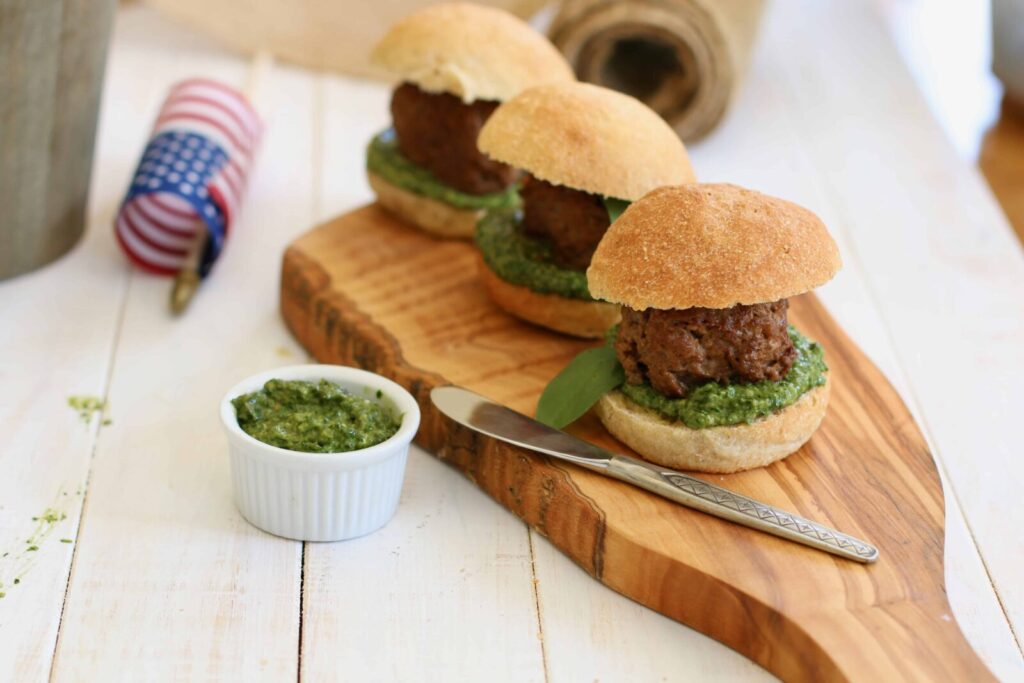 Vegan Meatball Sliders served with vegan pesto