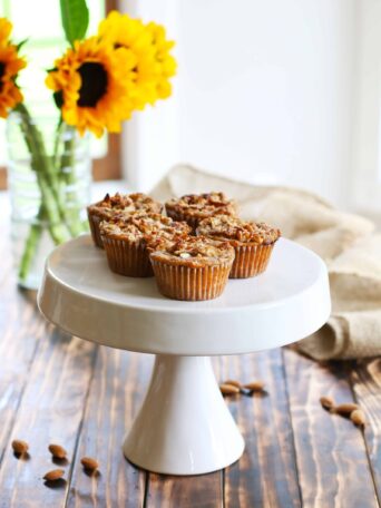 Vegan Breakfast Muffins served on a white cake stand