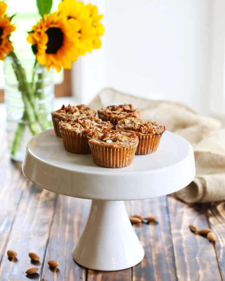 Vegan Breakfast Muffins served on a white cake stand