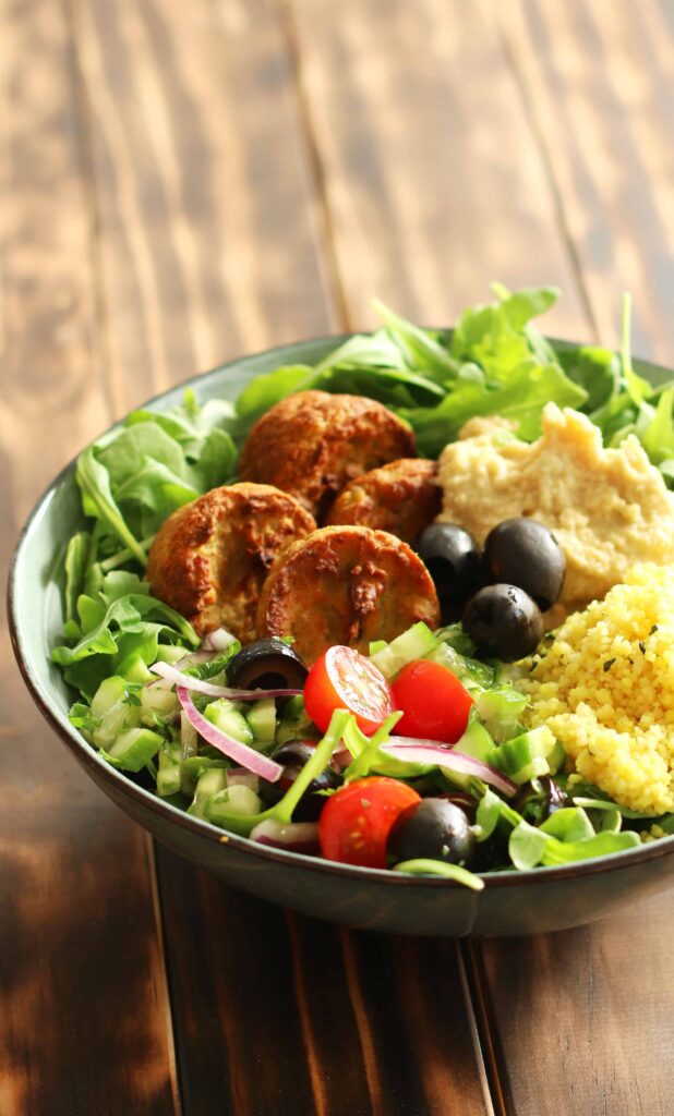 Mediterranean Bowl with baked falafels made with canned chickpeas