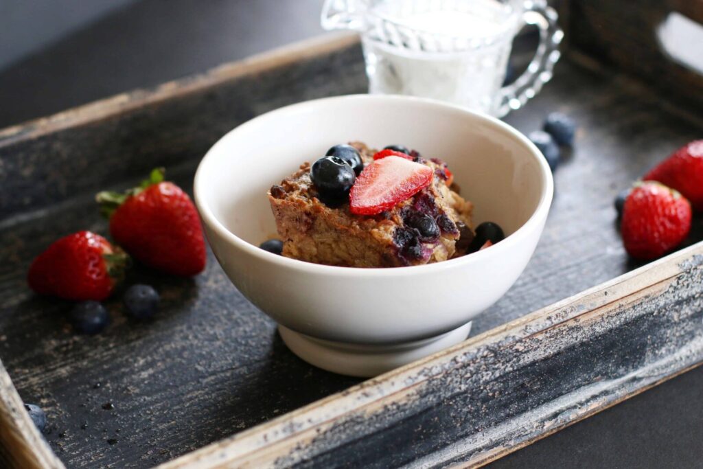 Vegan Overnight Baked Oats served in a white bowl