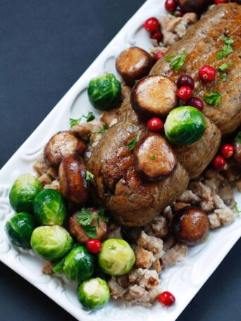 Vegan Holiday Roast served with stuffing