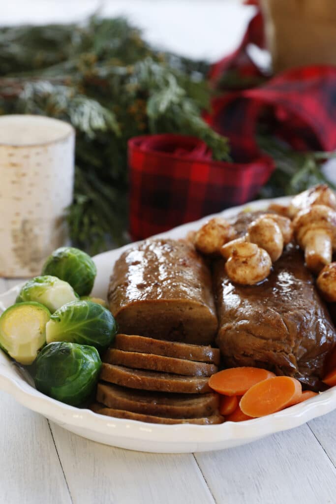 Gluten Free Holiday Roast with Mushroom Filling on a plate