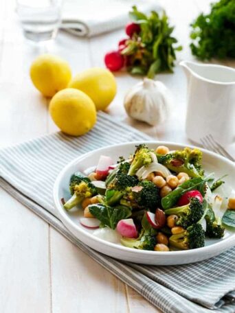 Roasted Broccoli Chickpea Salad with a Roasted Garlic and Lemon Dressing