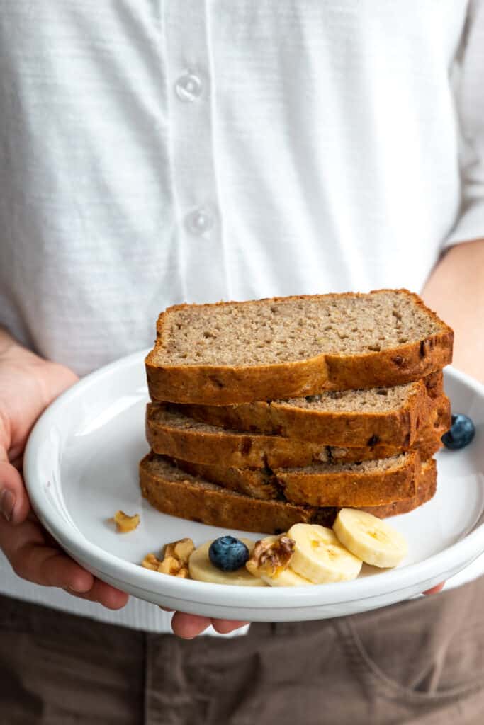 Slices of Vegan Banana Bread served on a white plate