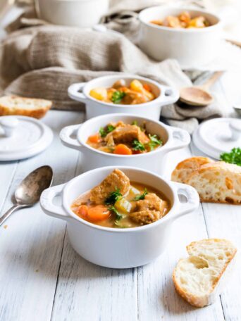 Three bowls of vegan beef stew