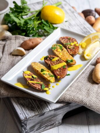 Roasted Fingerling Potatoes with Vegan Parmesan