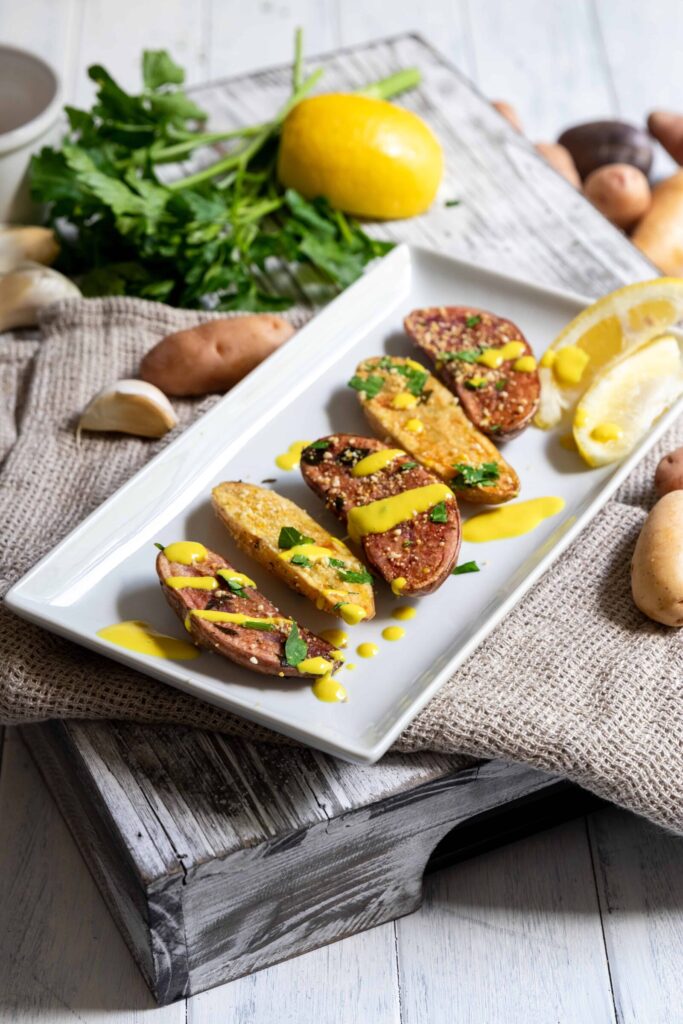 Roasted Fingerling Potatoes with Vegan Parmesan