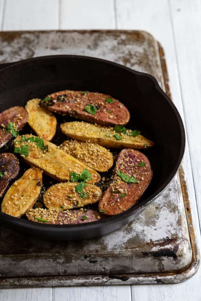 Roasted Fingerling Potatoes with Vegan Parmesan