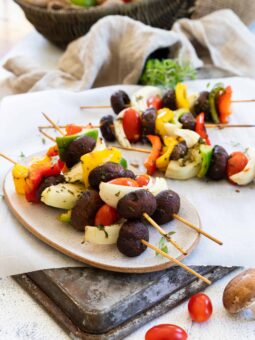 Grilled Garlic Mushroom Kebabs with onion, pepper, and tomatoes