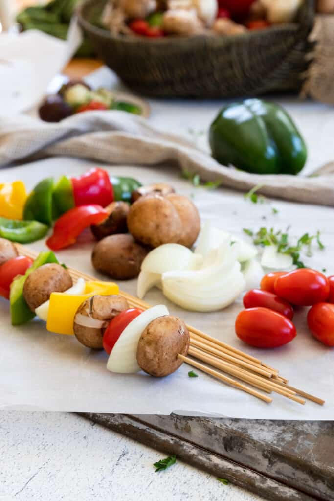 Mushroom Kebabs with onion, pepper, and cherry tomatoes