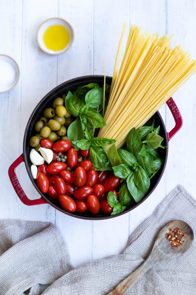 Vegan Mediterranean One-Pot Pasta ingredients in a pot ready to be cooked