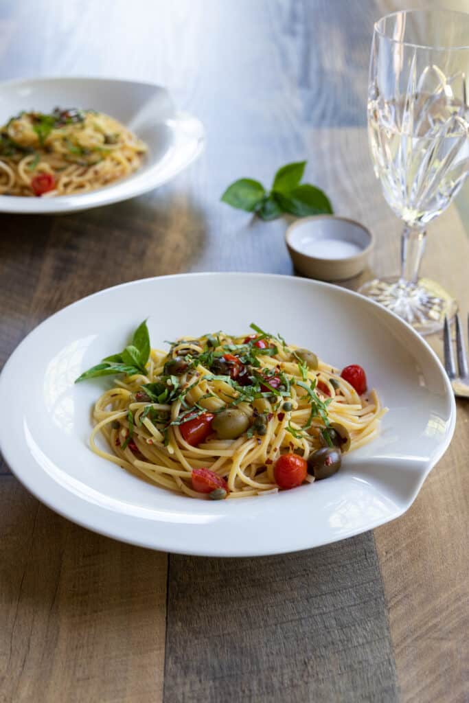 Mediterranean One-Pot Pasta served in a pasta bowl