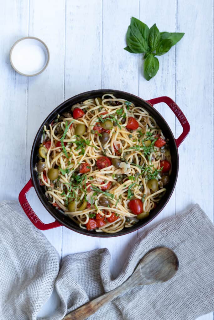 Mediterranean One-Pot Pasta cooked in a pot