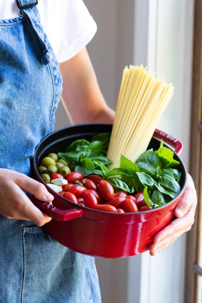 Vegan Mediterranean One-Pot Pasta Ingredients in a pot ready to be cooked