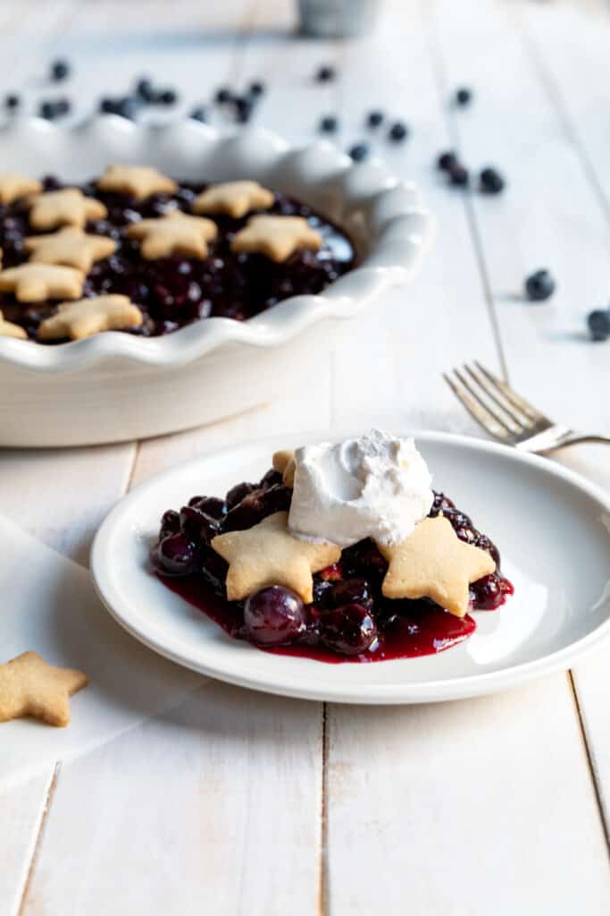 Blueberry Pie Crisp Served on a White Plate