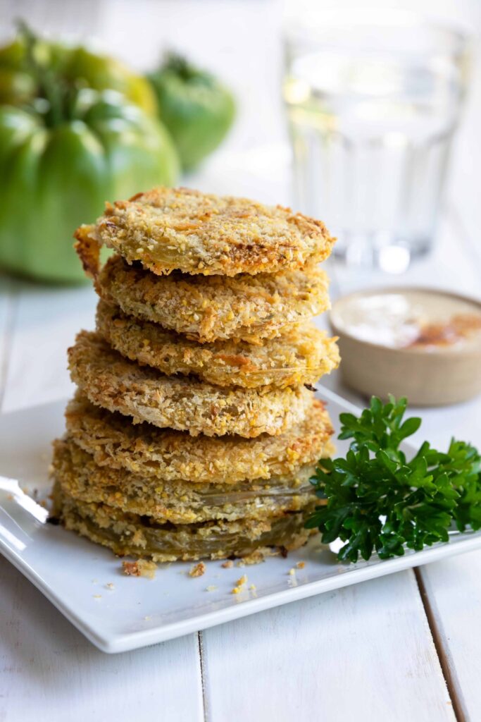 Baked Fried Green Tomatoes Served on a white plate