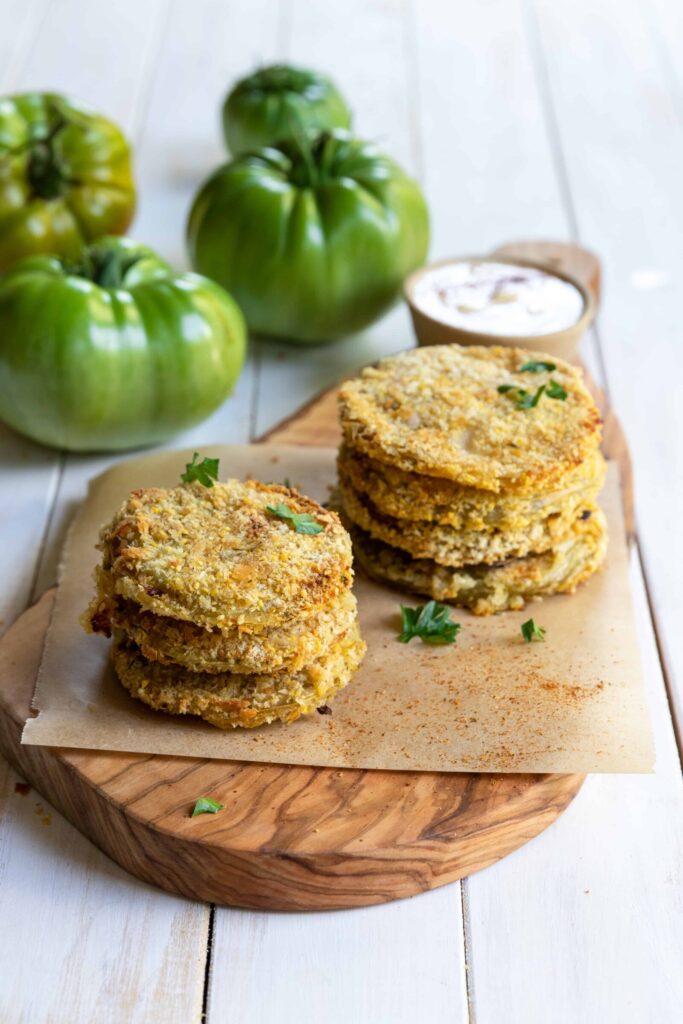 Baked Fried Green Tomatoes served on a platter