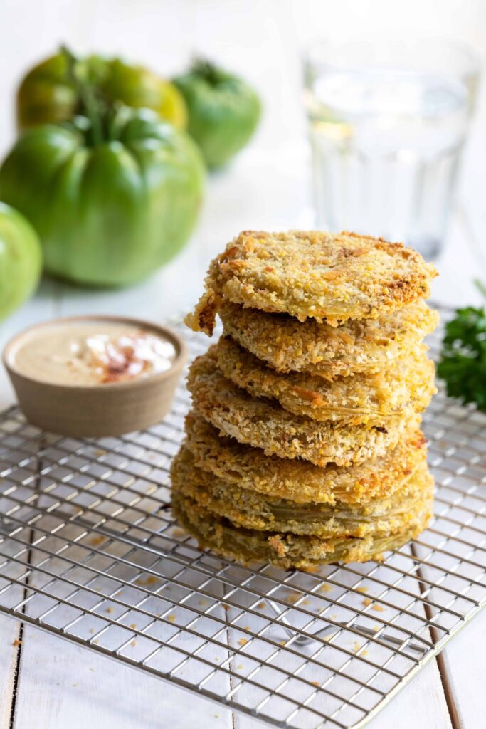 Baked Fried Green Tomatoes on a cooling rack