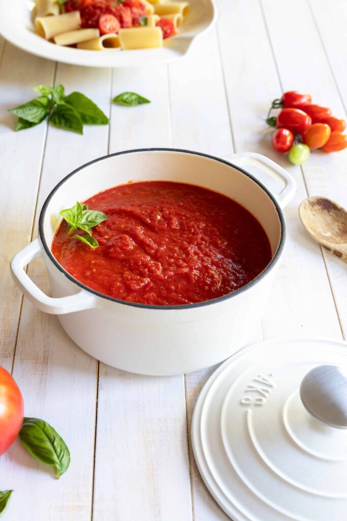 Roasted Tomato Sauce in a white pot