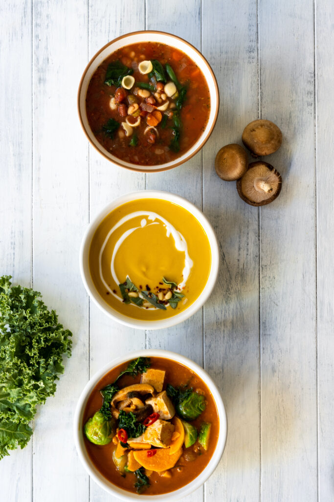 My Favorite Healthy Fall Soups in three bowls