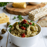 Green Olive Tapenade served in a white bowl with crackers