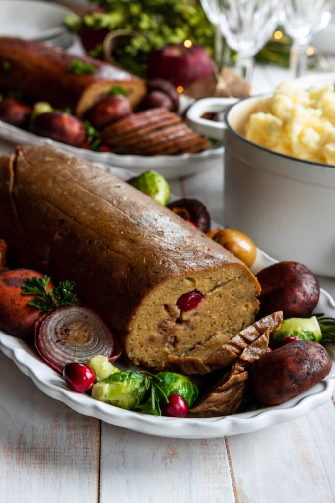 Gluten-Free and Plant-Based Holiday Roast on a Serving tray with Mushrooms