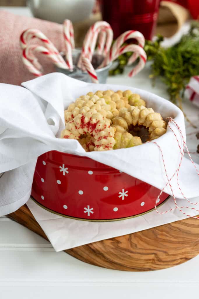 Christmas Spritz Cookies in a Cookie Tin