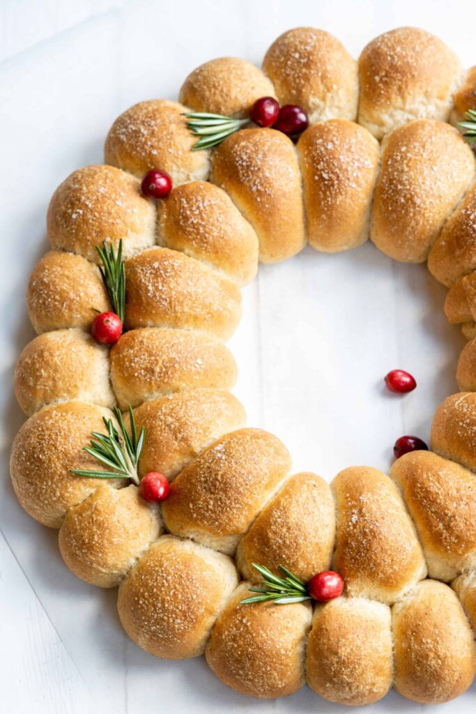 Dinner Roll Wreath with Fresh Rosemary and Cranberries