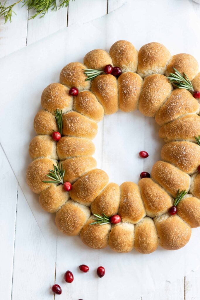 Festive Dinner Roll Wreath with Cranberries and Rosemary